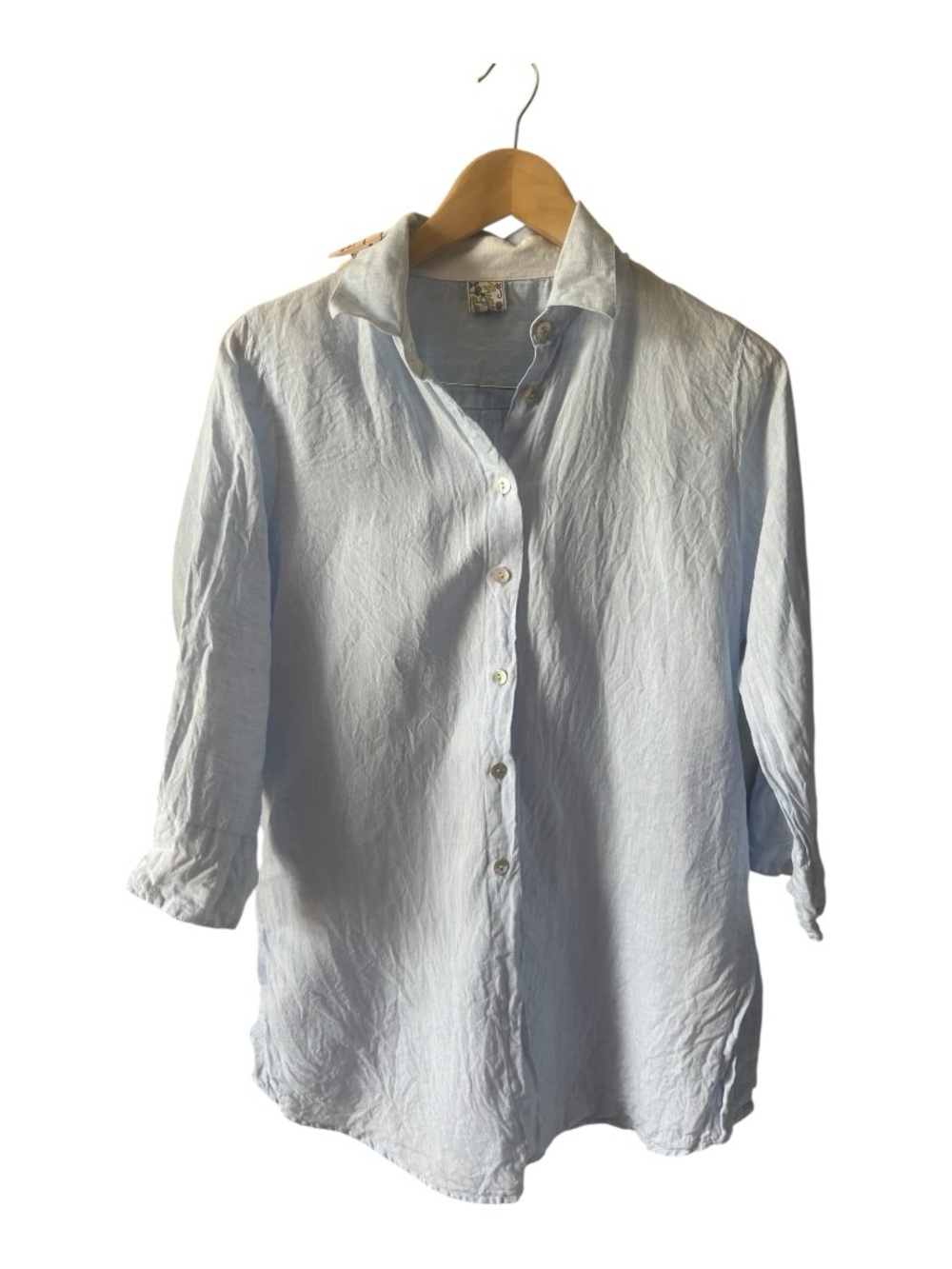 Maria Lampo 100% Linen Button Down Shirt Medium Light Blue Roll Tab Sleeve
